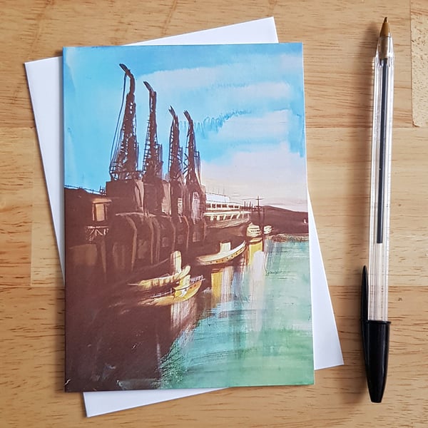 Bristol M Shed Cranes Card - Bristol Harbour Acrylic Painting Art Card
