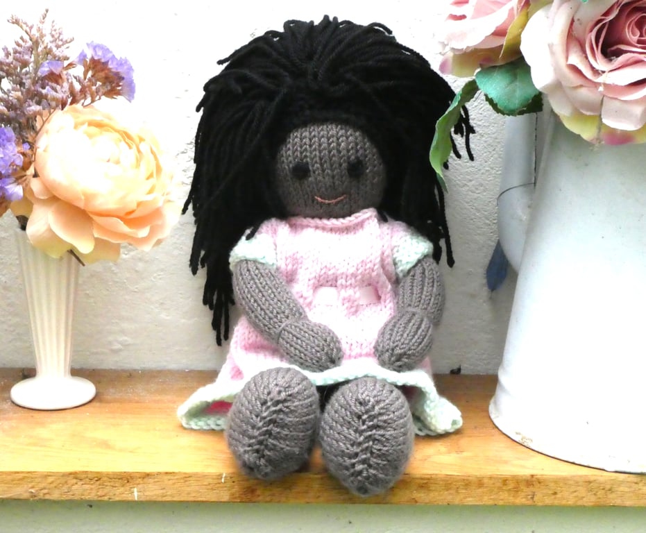 Doll. 12" Hand Knitted Doll Black African Doll Made in Wool With Removable Dress
