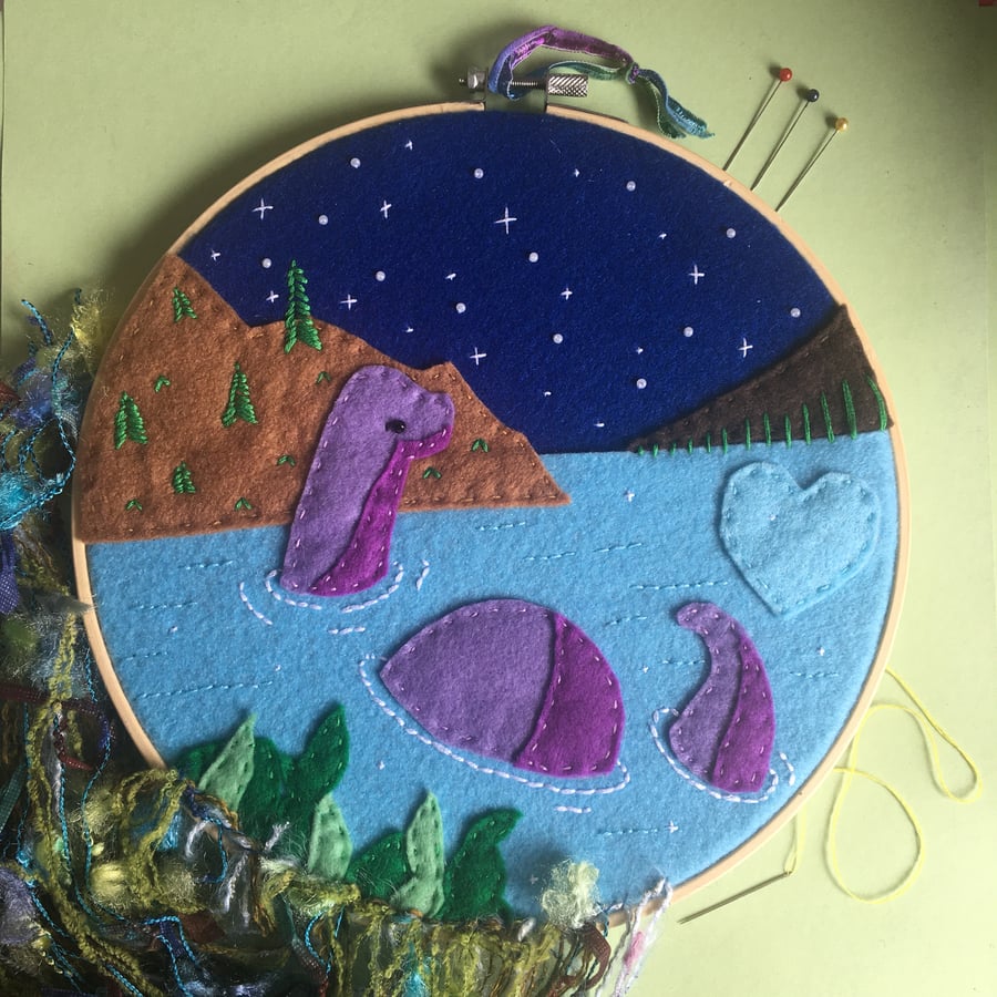 Loch Ness, wall hanging, embroidery hoop illustration 