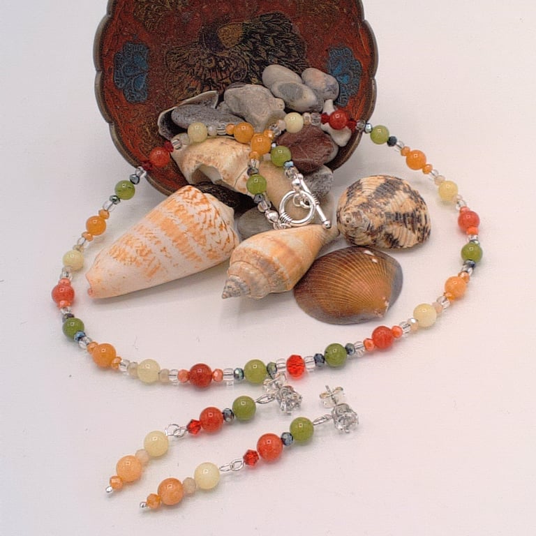Alashan Stone, Micro Crystals and Seed Bead Necklace & Earrings, Gift for Her