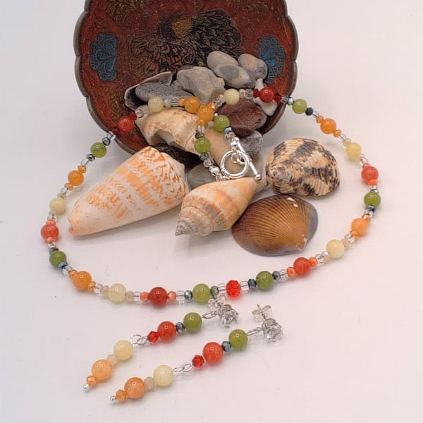 Alashan Stone, Micro Crystals and Seed Bead Necklace & Earrings, Gift for Her