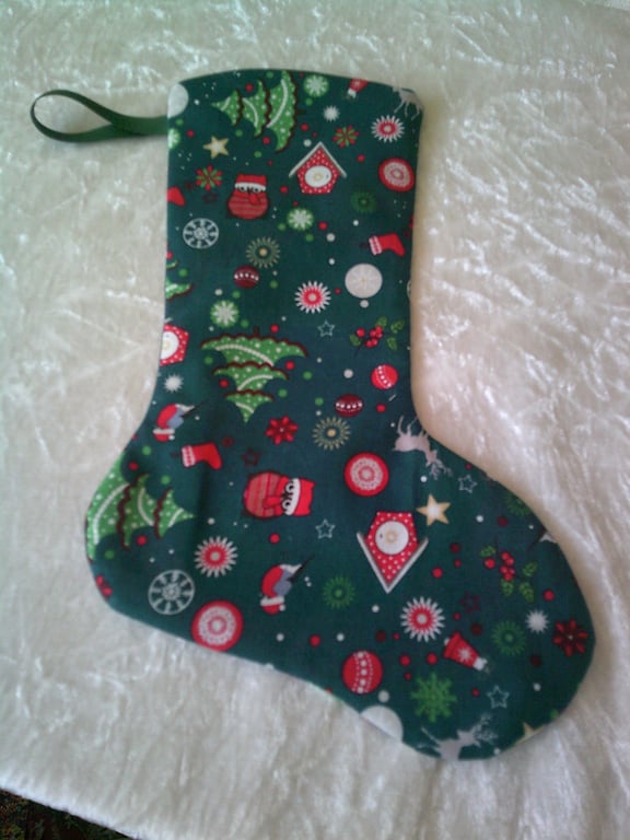 10.5 inch stocking with Bird Houses, Trees and Baubles