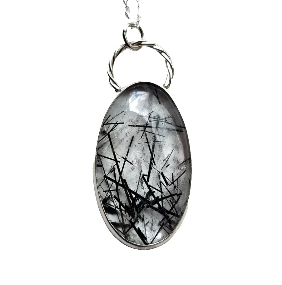 Tourmaline in Quartz Necklace Silver Jewellery Gift Large Oval Statement Pendant