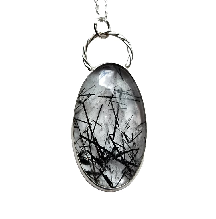 Tourmaline in Quartz Necklace Silver Jewellery Gift Large Oval Statement Pendant