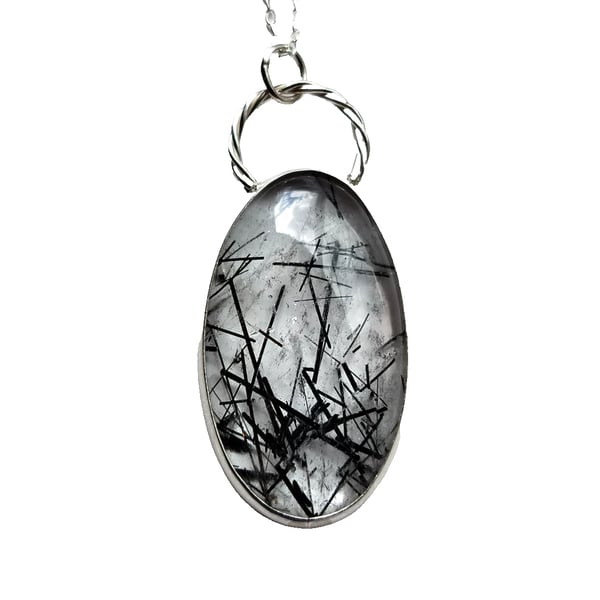 Tourmaline in Quartz Necklace Silver Jewellery Gift Large Oval Statement Pendant