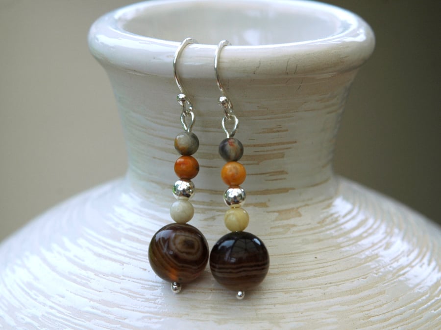 Sterling Silver Gemstone Drop Earrings with Coffee Lace Agate,  E123