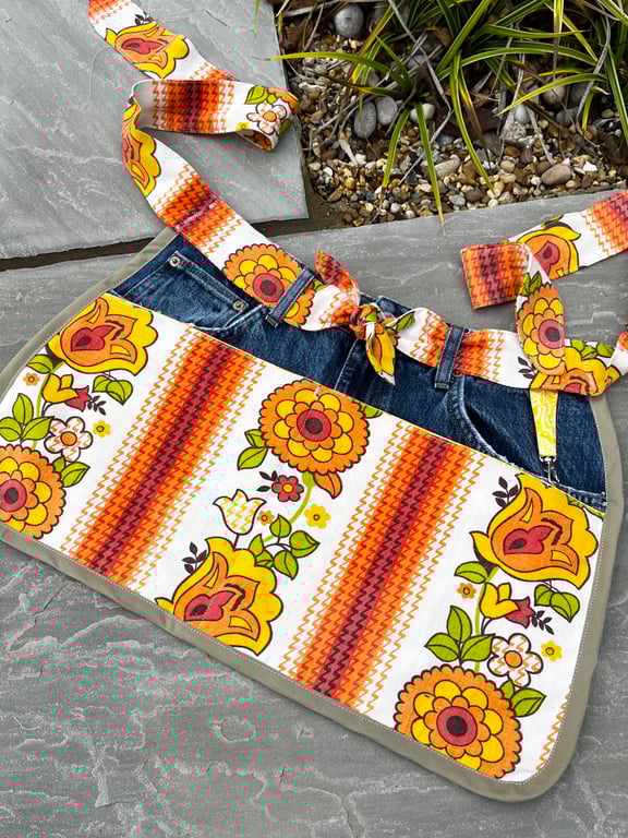 Garden apron vintage floral fabric and denim with pockets