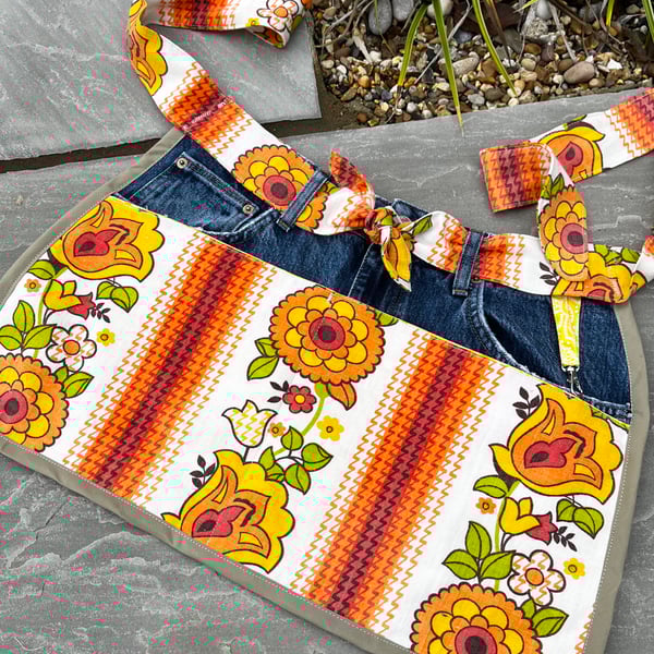 Garden apron vintage floral fabric and denim with pockets