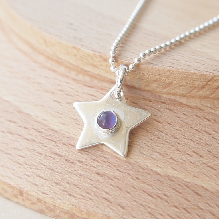 Silver Star Pendant with February Birthstone Amethyst
