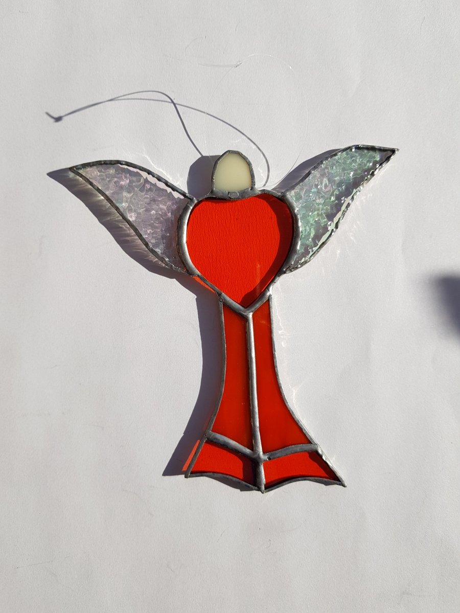 163 Stained Glass Large Orange Heart Angel - handmade hanging decoration.