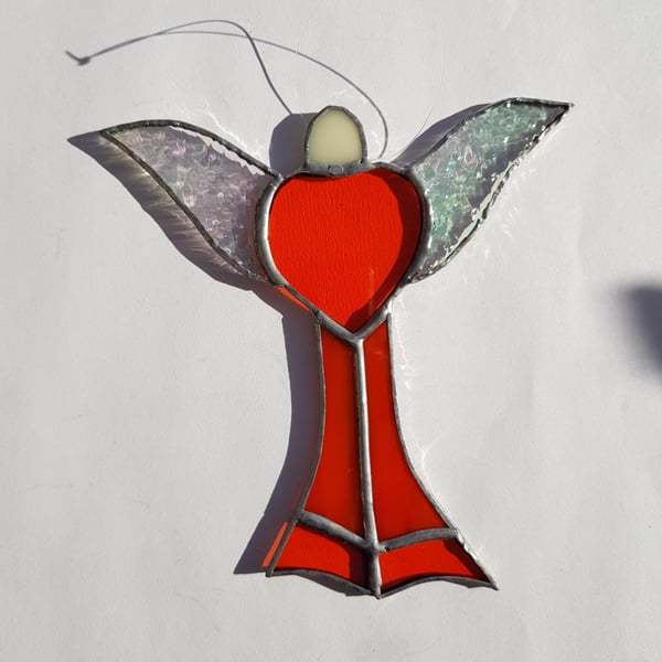 163 Stained Glass Large Orange Heart Angel - handmade hanging decoration.