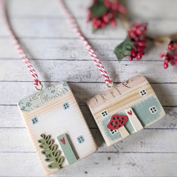 Set of 2 Wooden Hand Painted House Hanging Decorations