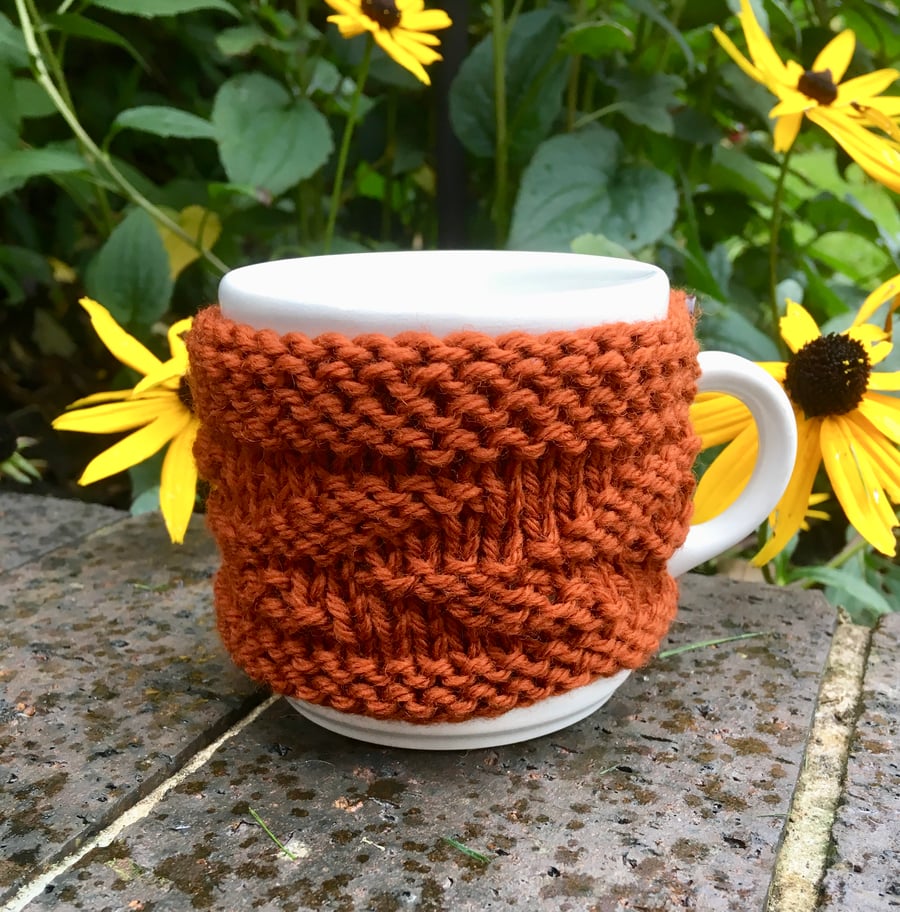 Leaf Design Mug Cosy, Russet Wool Hand Knitted Mug Hug