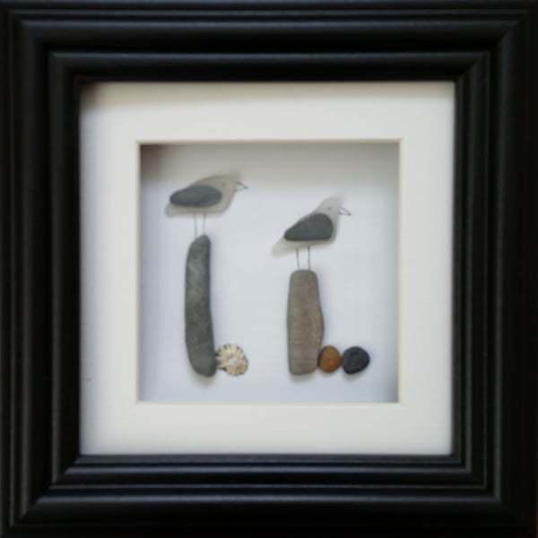 Sea gulls, sea glass art, pebble art,