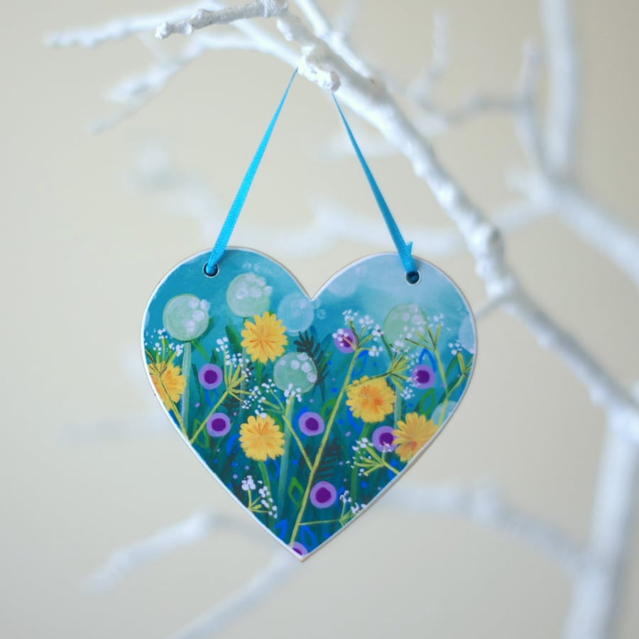 Turquoise Hanging Heart with Dandelions and Purple Flowers
