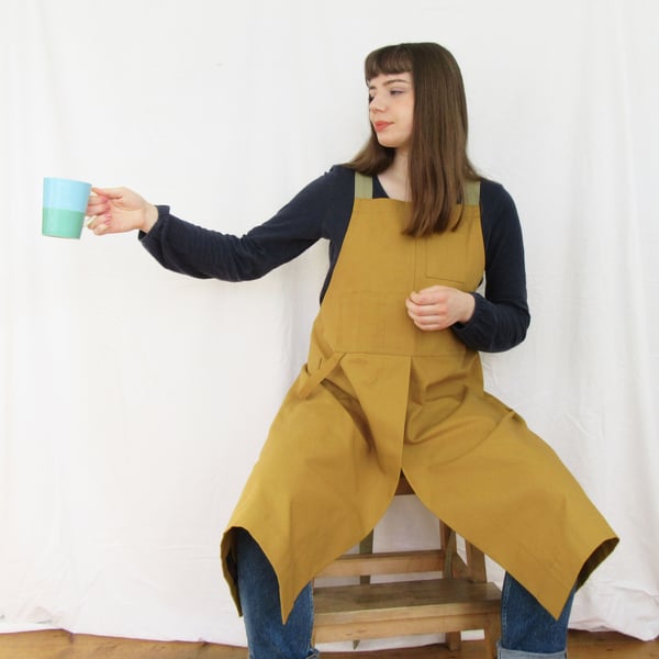 Split Leg Crossback Apron for Potters, and Makers, Adjustable. Ochre No7:2 