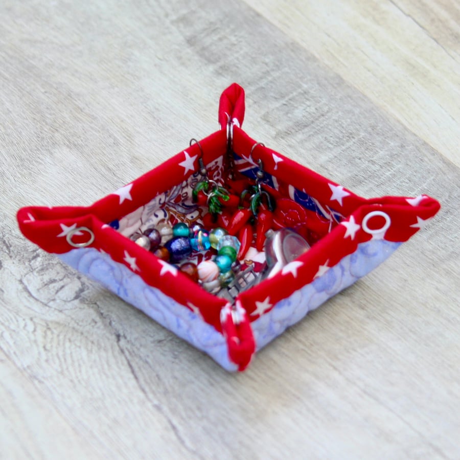 Small Quilted storage box featuring Flags and glittery purple fabric