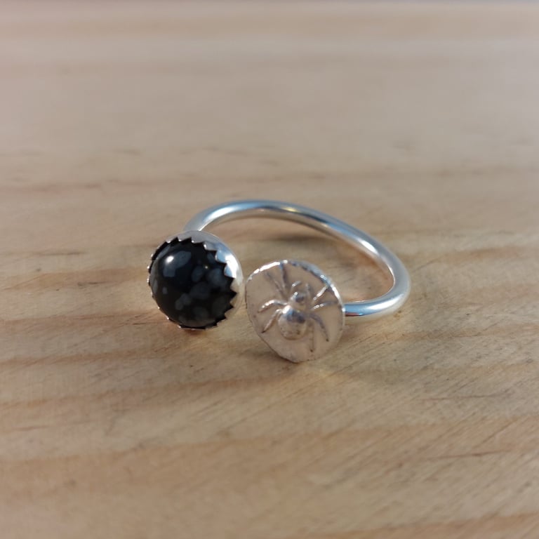 Sterling Silver Spider and Snowflake Obsidian Adjustable Ring (SKU060625)
