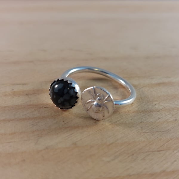 Sterling Silver Spider and Snowflake Obsidian Adjustable Ring (SKU060625)