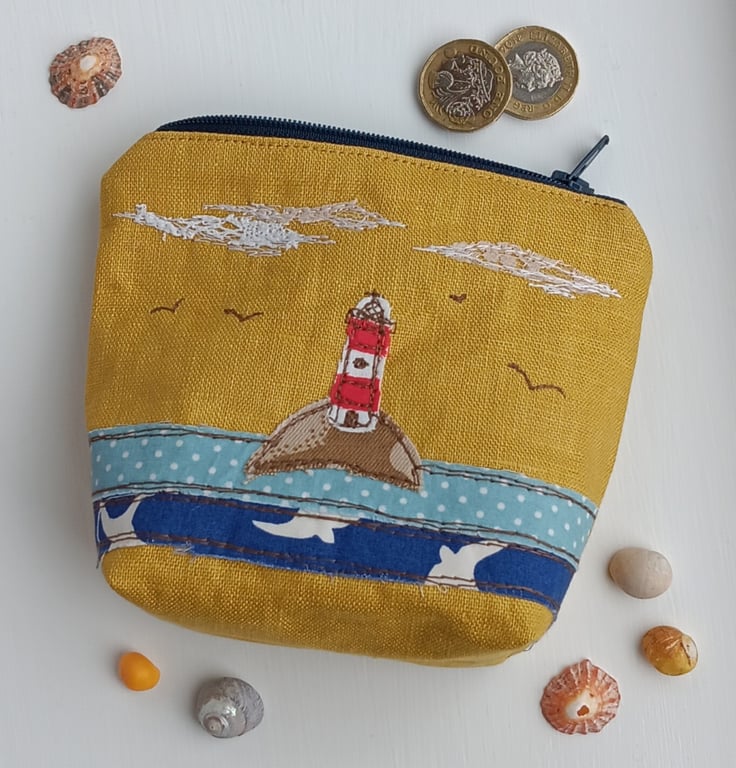 Large Coin Purse with Embroidered Lighthouse Seascape