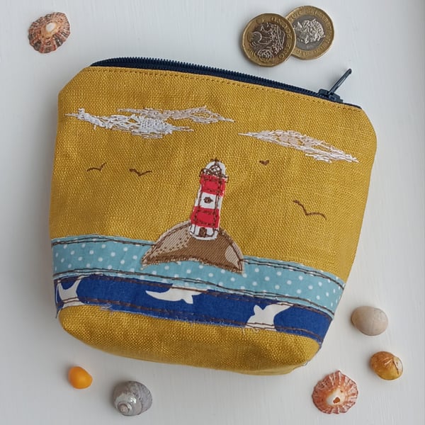 Large Coin Purse with Embroidered Lighthouse Seascape