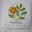 Happy Birthday - Yellow Quilled Flower with pearls and gems