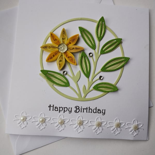 Happy Birthday - Yellow Quilled Flower with pearls and gems