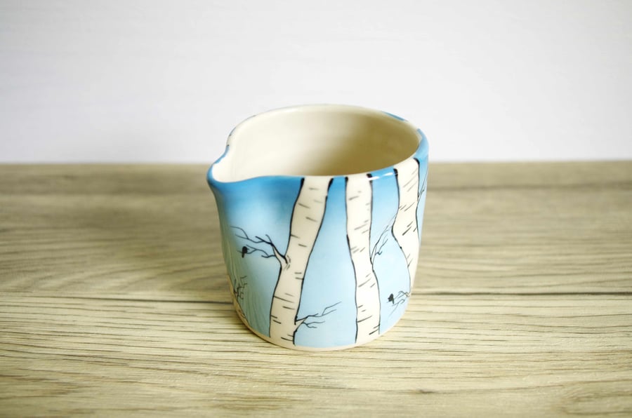 Small Jug - Silver Birch Trees, Sky and Birds