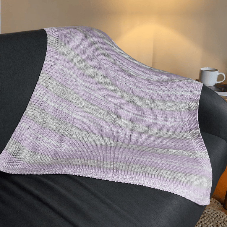 Hand Knitted Fair Isle Baby Blanket Pram Shawl in Lilac, Grey and White