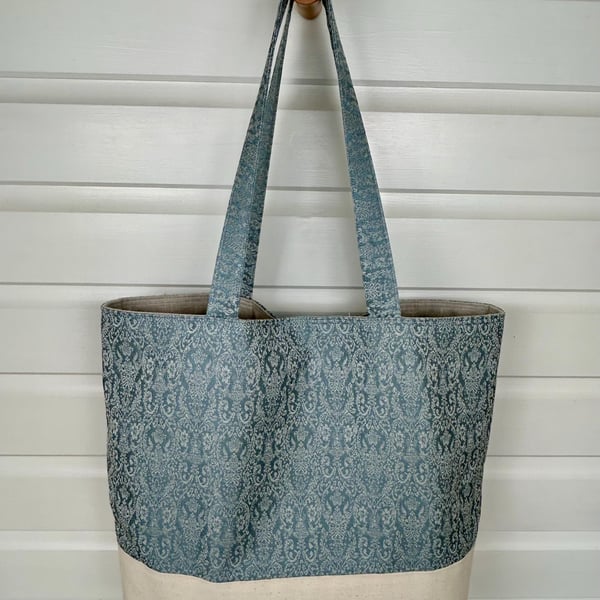 Jacquard Wool Linen Tote Bag, Light Blue Fabric