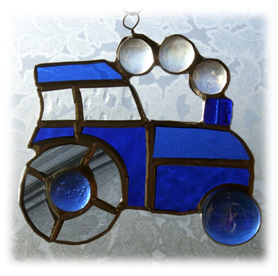 Tractor Suncatcher Blue Stained Glass Handmade Farm