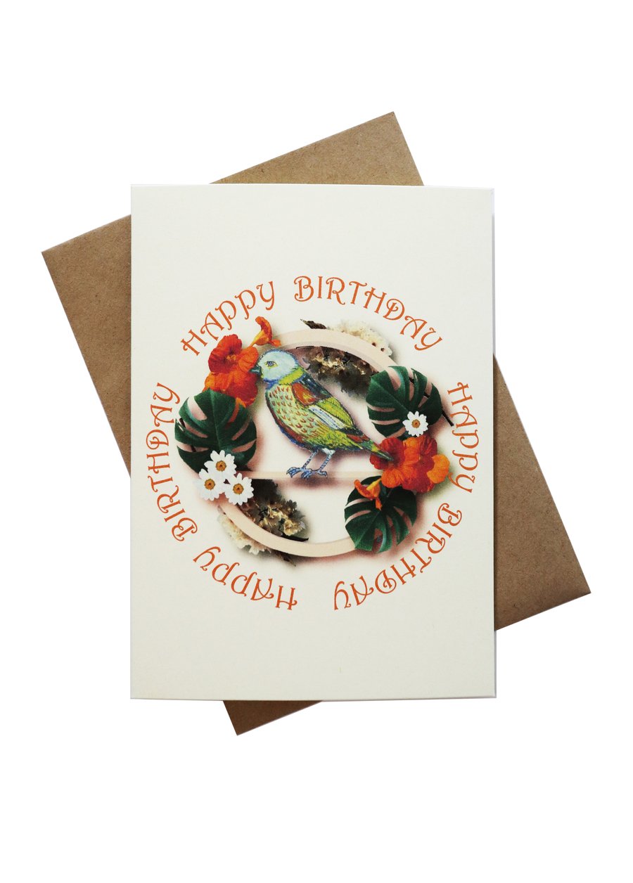 Bird on frame with Monstera leaves - birthday card