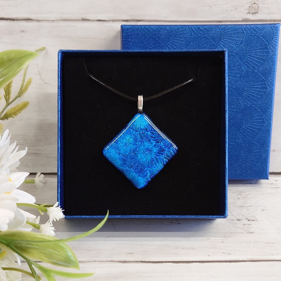 Diamond Shaped, Dichroic Florentine Teal Blue, Fused Glass Pendant 