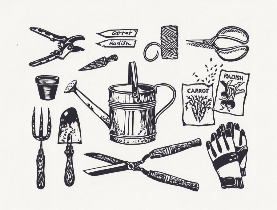Gardening Kit Lino Print - B&W