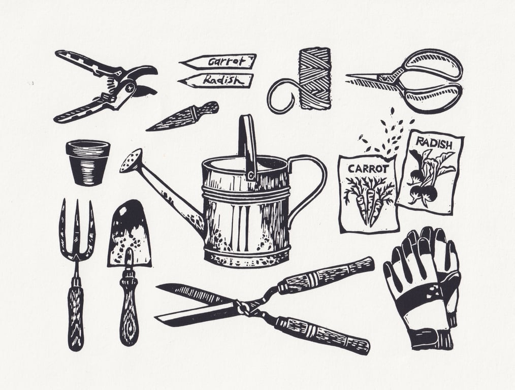 Gardening Kit Lino Print - B&W