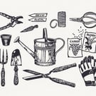 Gardening Kit Lino Print - B&W