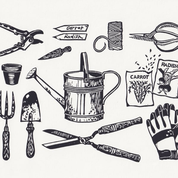 Gardeners World Lino Print - B&W