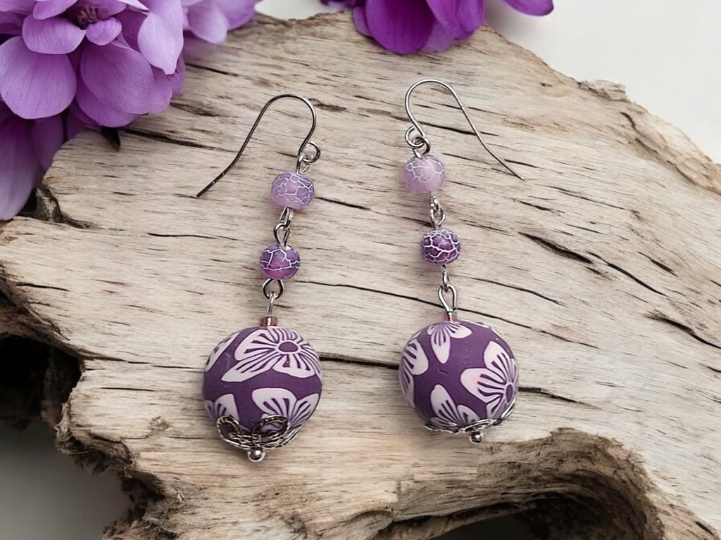 Purple polymer earrings, purple earrings, polymer jewellery, boho jewellery, bea