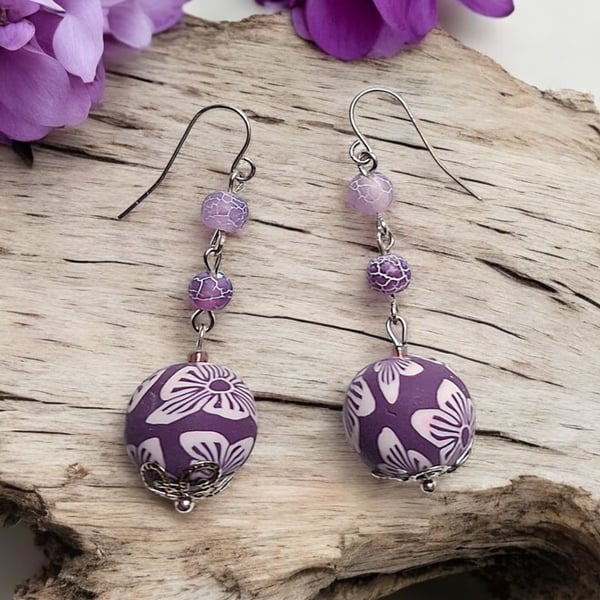 Purple polymer earrings, purple earrings, polymer jewellery, boho jewellery, bea