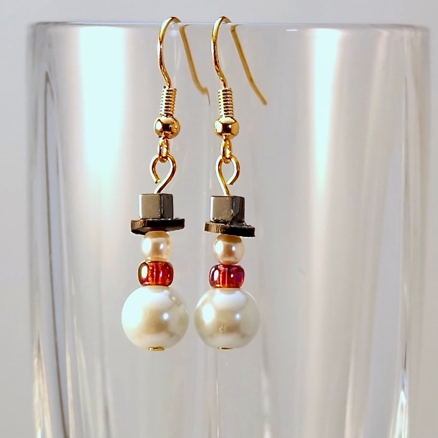 Christmas Snowman Earrings - Red-gold scarf, Handmade In Devon, Free Uk Delivery