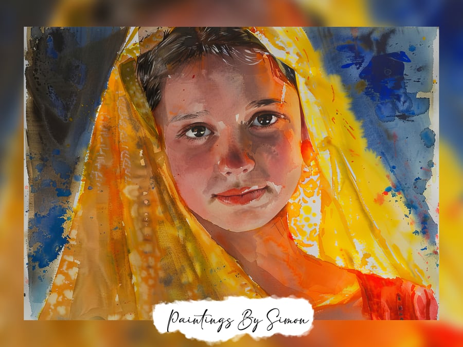 Radiant Girl with Yellow Scarf, Watercolor Painting Print 5"x7" on Matte Paper