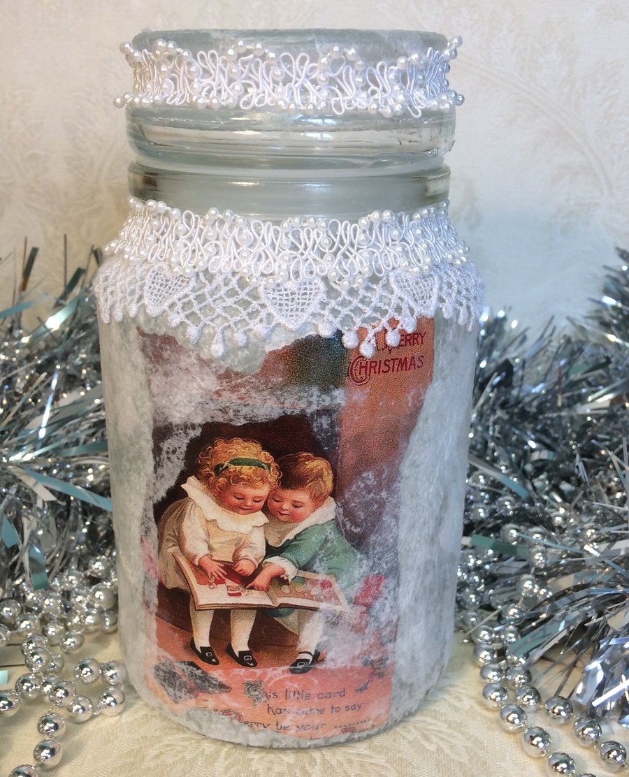 Shabby Chic Decorated Christmas Jar.