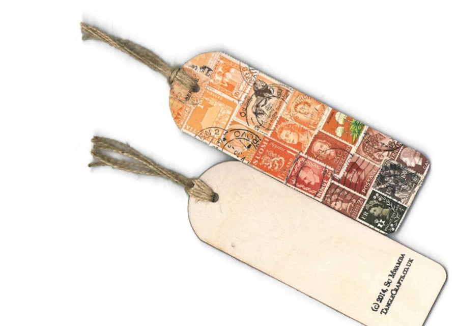 Orange-Brown Bookmark - Upcycled Postage Stamp Collage, OOAK Wooden Bookmark