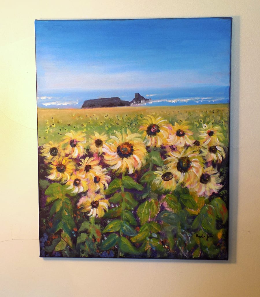 Sunflowers, Rhossili Bay, Gower, Acrylic Painting on 20 x 16 ''  Stretched Canva