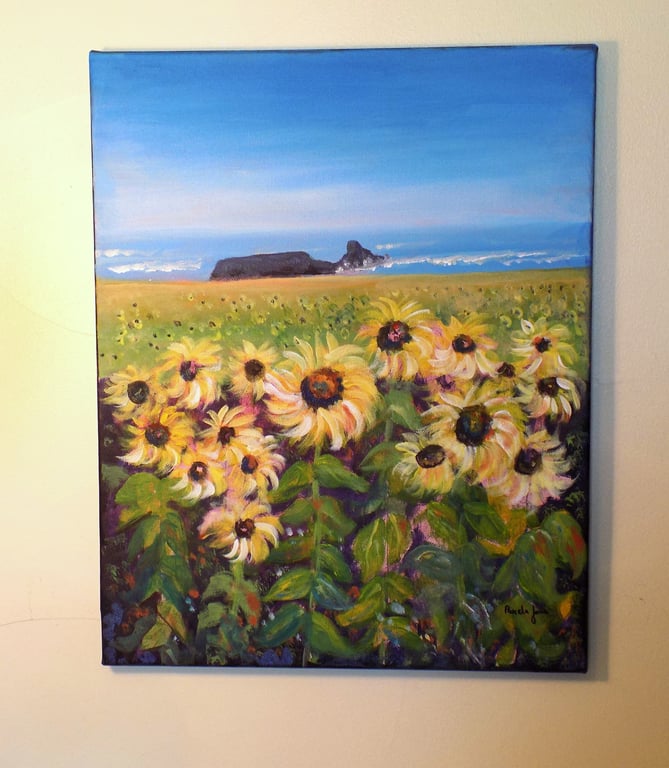 Sunflowers, Rhossili Bay, Gower, Acrylic Painting on 20 x 16 ''  Stretched Canva
