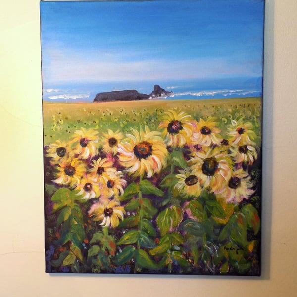 Sunflowers, Rhossili Bay, Gower, Acrylic Painting on 20 x 16 ''  Stretched Canva