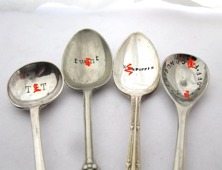 Four little rude spoons, handstamped, sweary