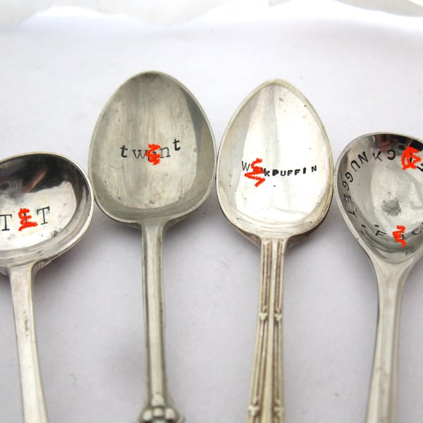 Four little rude spoons, handstamped, sweary