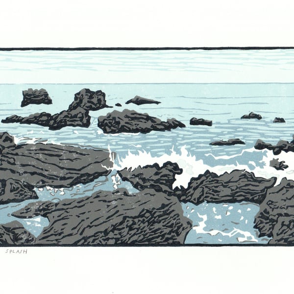 Splash - Seascape Linocut Print - Ocean Wave Crashing Into Rocks - A4 Wall Art
