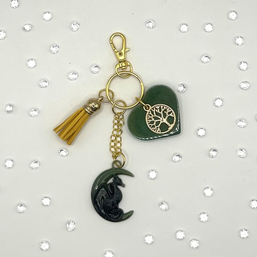 Crescent Moon Dragon Heart Resin Bag Charm, Keyring in Green Shades